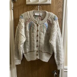 Vintage Liz Claiborne Hand Knit Wool Button-up Sweater Pastel Designs Grandma L